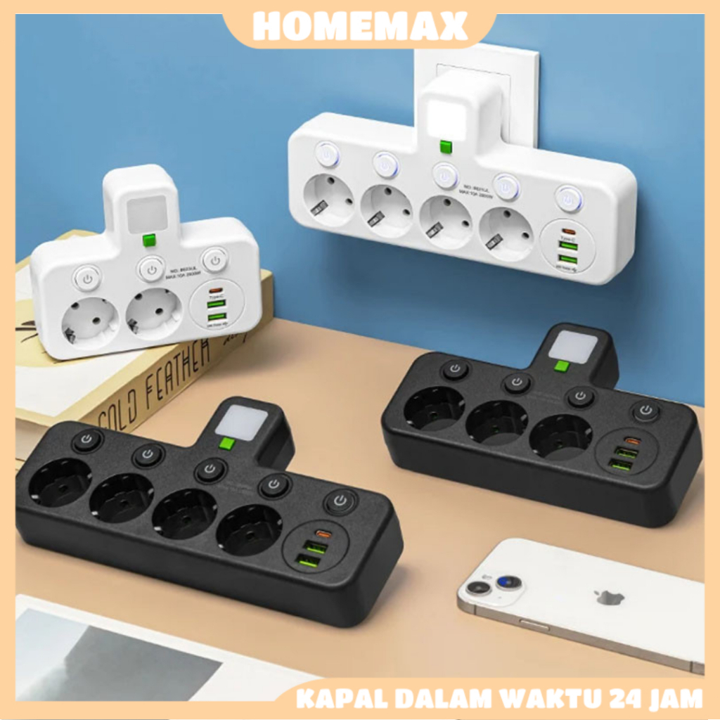 Jual Stop Kontak Multi EU Plug 5 Lubang USB Type C Fast Charging ...