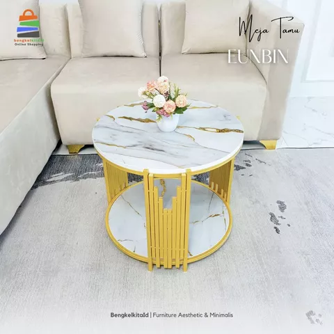 Aesthetic Round Coffee Table Sofa Desk - MEJA EUNBIN - Modern Minimalist Besi Holo Gold