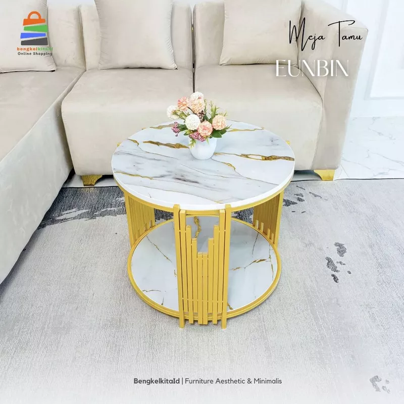 Aesthetic Round Coffee Table Sofa Desk - MEJA EUNBIN - Modern Minimalist Besi Holo Gold
