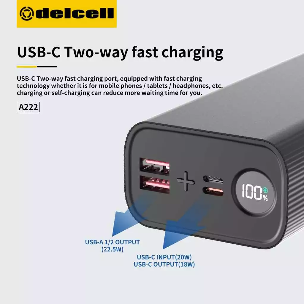 DELCELL Powerbank 30000mAh 20000mAh Fast Charging 22.5W LED Display Port Type C QC +PD 2 Tahun garansi