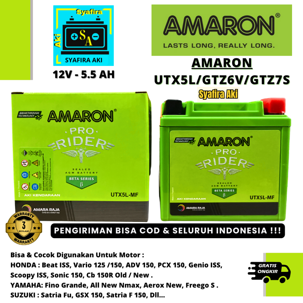 AKI MOTOR CB150R OLD/NEW, CB150X, CBR 150, GTR 150,KLX, SONIC GTZ7S / GTZ6V AMARON UTX5L MF