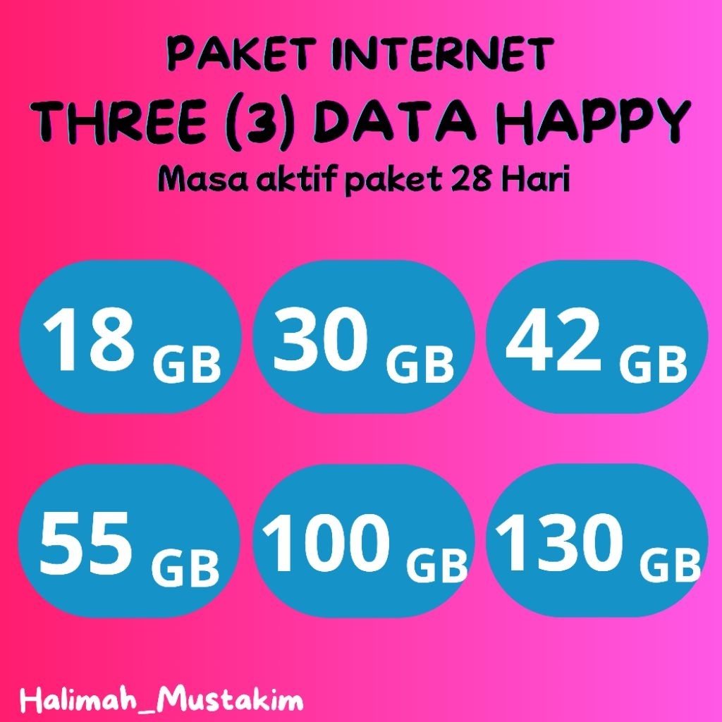 Jual Paket Internet Tri (3) Three Data Happy (18 GB, 30 GB, 42 GB, 55 ...