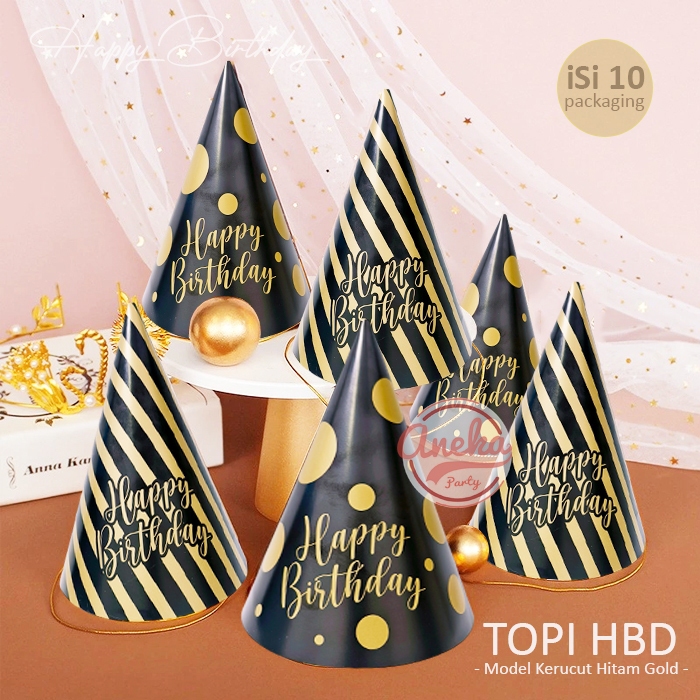 Jual Topi Ultah HBD Kerucut Hitam Gold / Topi Ulang Tahun Kerucut HBD ...