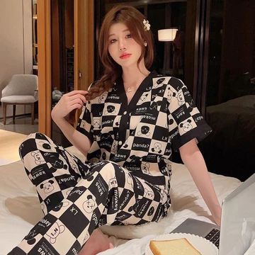 Cessy Piyama Wanita Import Bahan Satin Premium Lengan Pendek Celana Panjang Full Kancing Pearl