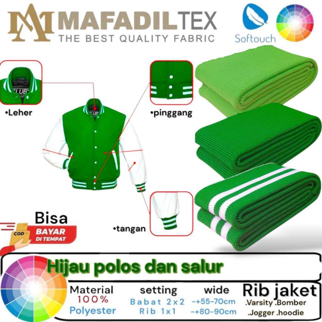 Jual Kain Rib/Bur 1x1 warna hijau varian warna polos dan strip ...