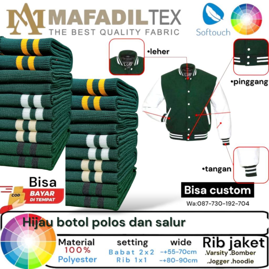 Jual Promo kain Rib bur 1x1 warna dasar hijau botol polos dan strip ...