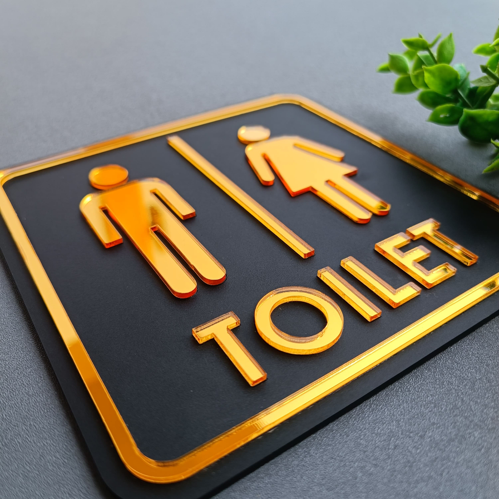 Papan Toilet Minimalis Akrilik – Hitam Doff & Gold Timbul Estetik