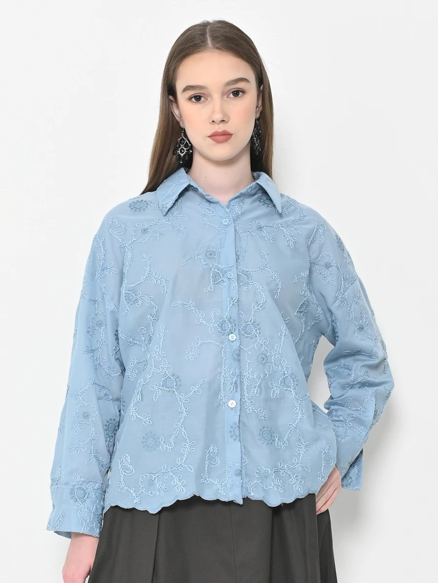 Floral Embroidered Button Up Shirt 
