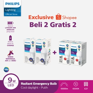 Philips Paket Beli 2 Lampu Radiantline Emergency 9W 6500k Putih Gratis 2 Lampu LED Bulb 11W Putih