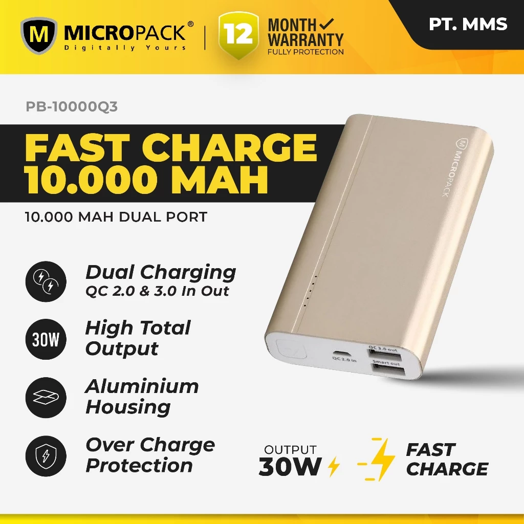 MICROPACK- Powerbank 10.000mAh 30W QC+PD 3.0 Fast Charging - PB-10000Q3
