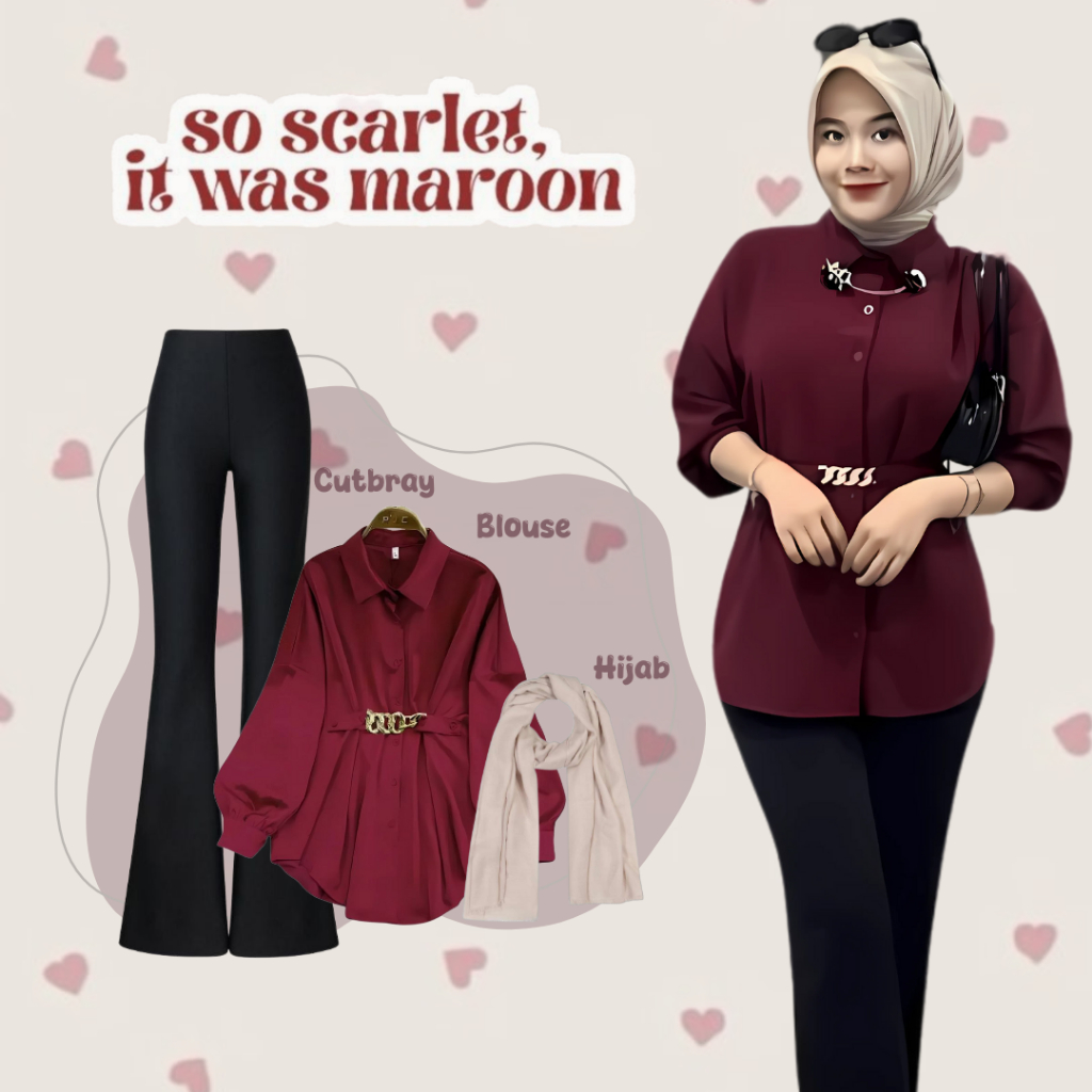 Jual One Set OOTD Maroon ( Blouse Rantai + Cutbray + Hijab ) Outfit Set ...