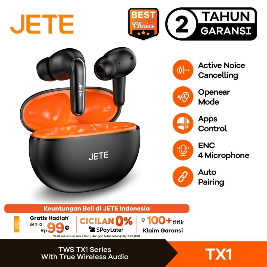 JETE TWS TX1 Active Noice Canceling IPX5 With ENC 4 Mic - Garansi 2 Tahun