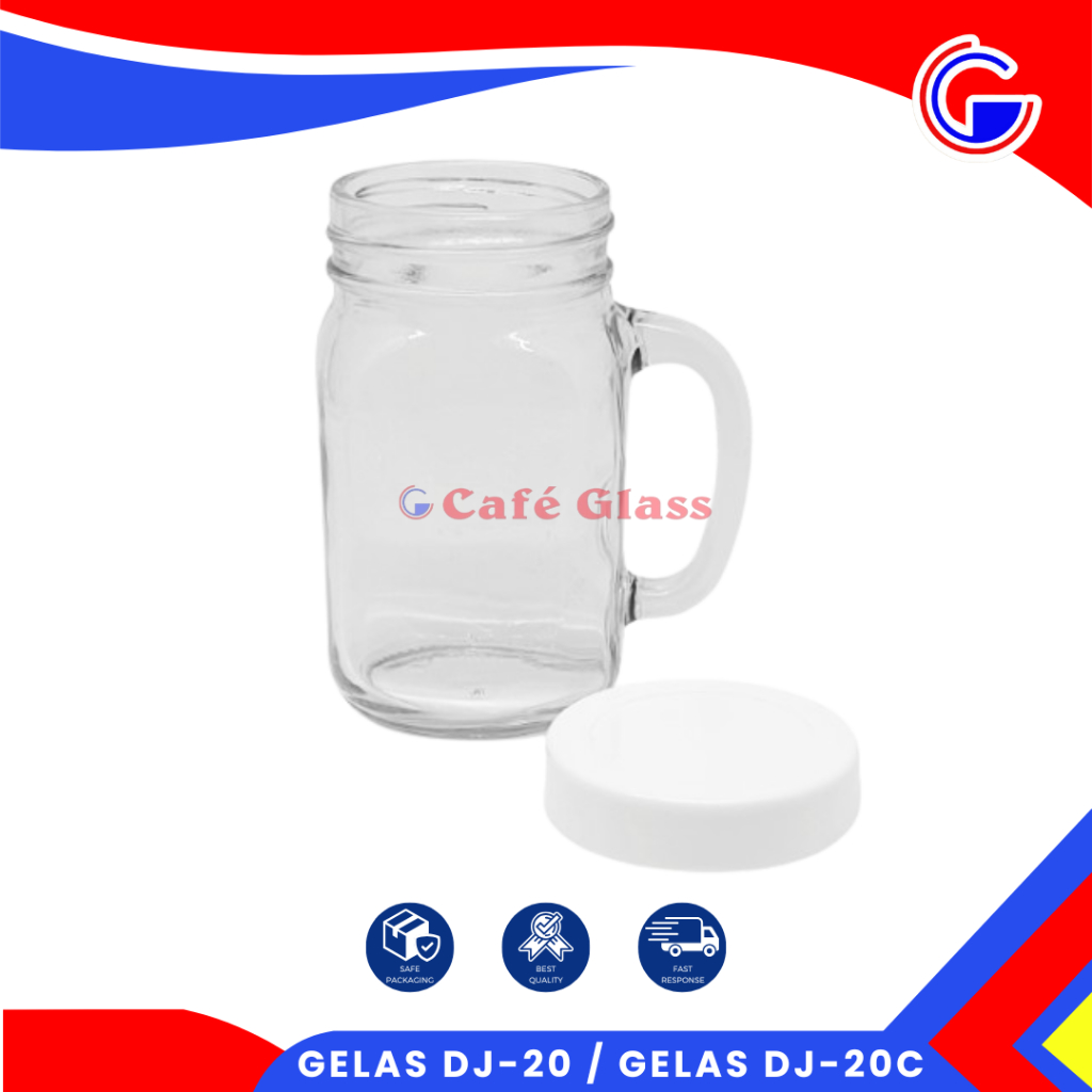 Gelas Jar Dj-20 / Dj-20C Tutup Putih - Gelas Kaca Minuman Dengan Handle - Gelas Cafe Aesthetic