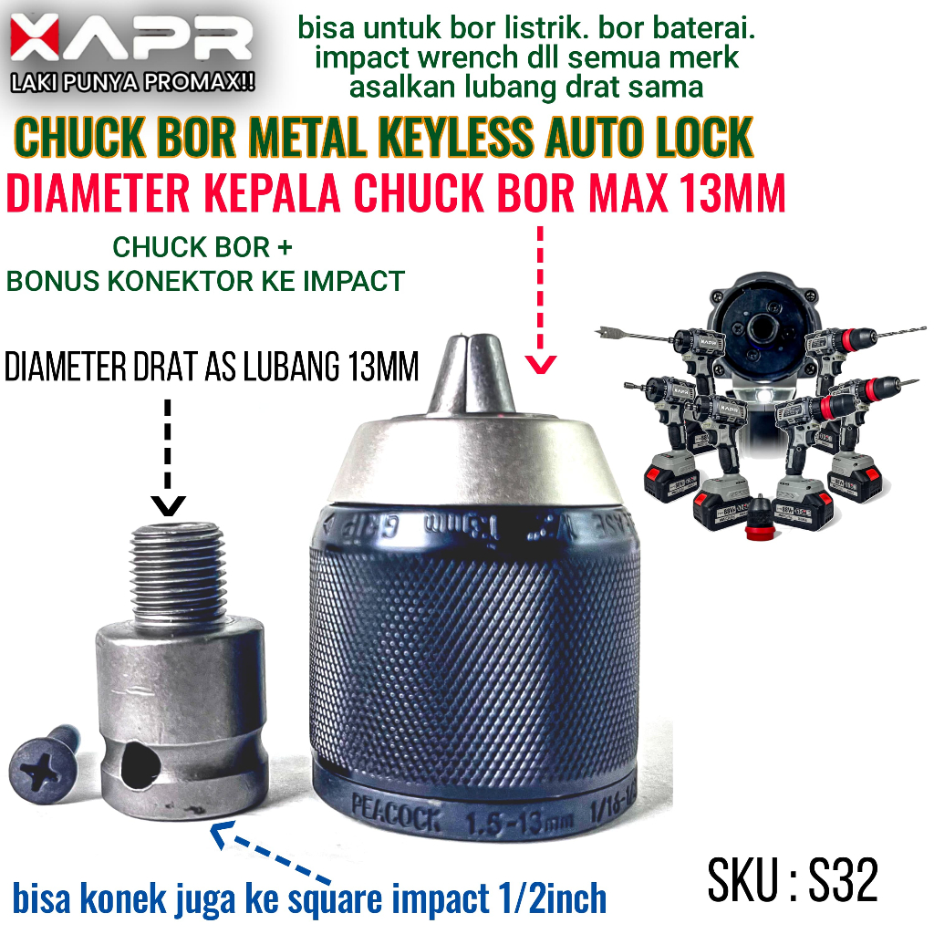 Jual BISA COD KEPALA BOR 13MM S32 KEYLESS METAL AUTO LOCK SINGLE BOR ...