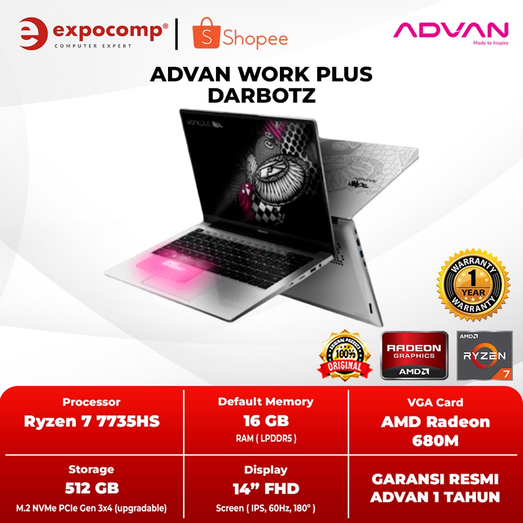 Jual LAPTOP ADVAN WORK PLUS DARBOTZ SILVER AMD RYZEN 7-7735HS 16GB ...