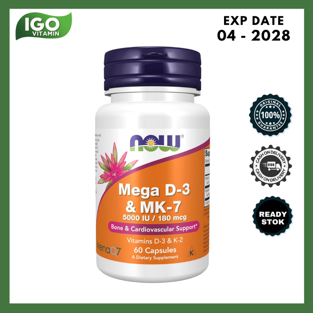 Jual Vitamin Mega D3 MK7 5000 iu 180mcg Now 60 Veg Capsules | Shopee ...