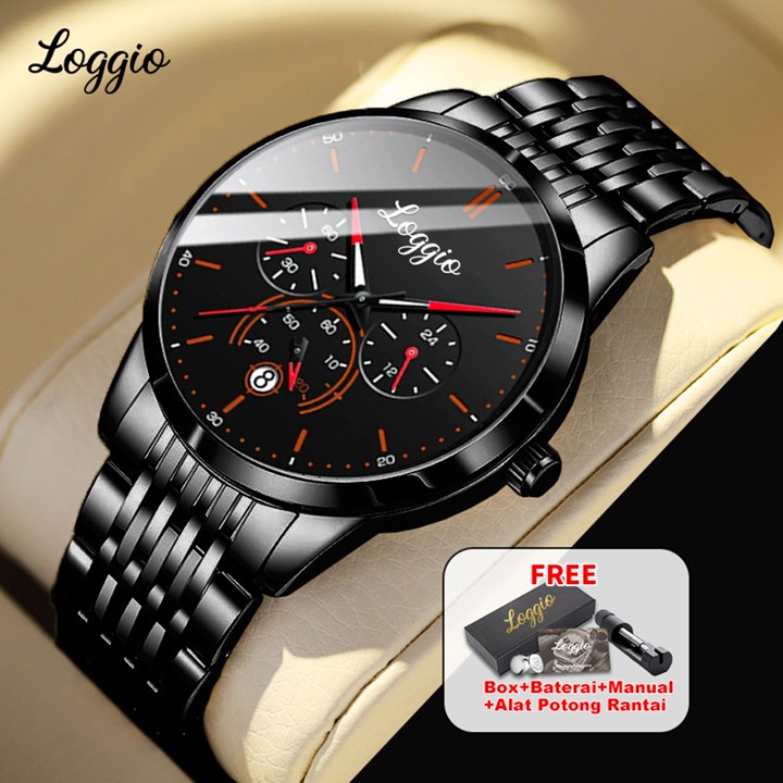 Loggio Jam Tangan Pria Original Display Kuarsa Cahaya malam Anti Air Tali Stainl