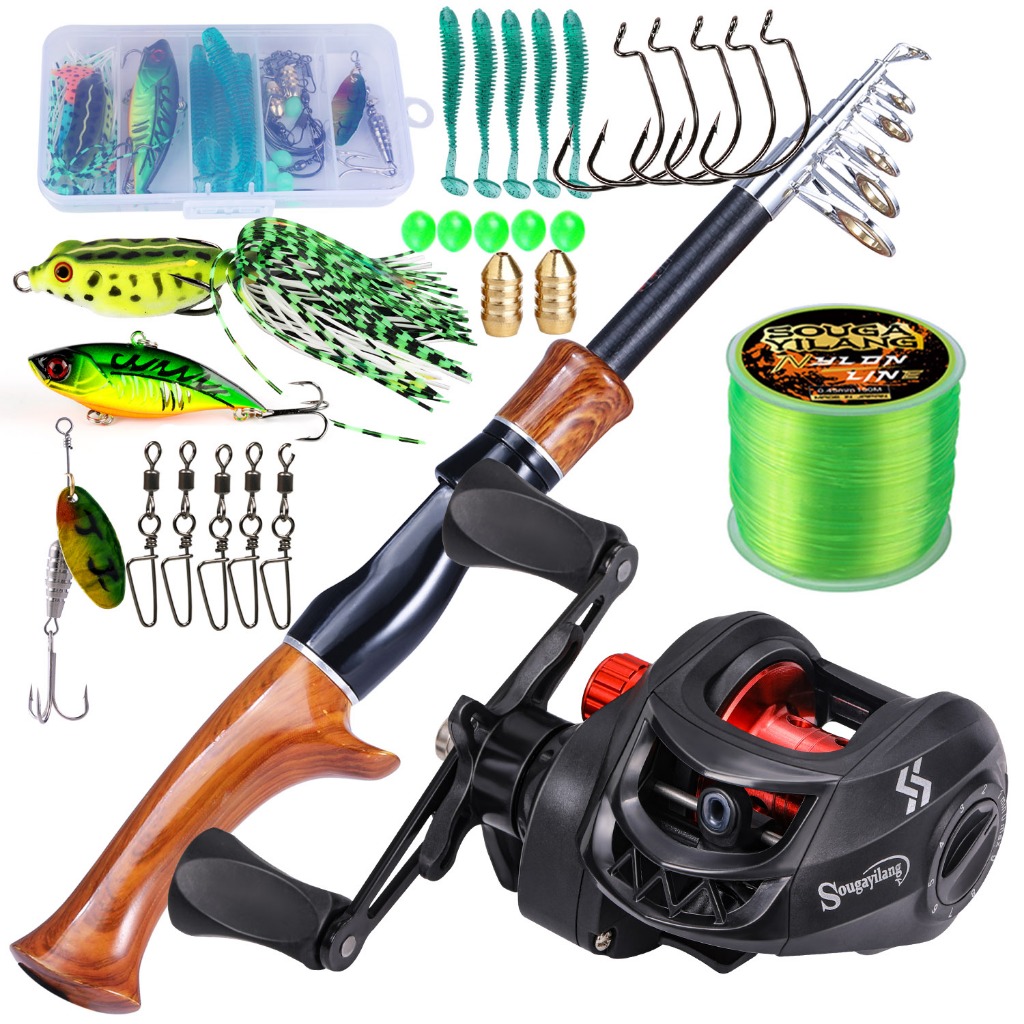 Sougayilang Fishing Rod and Reel Set Wood Handle 1.6m Telescopic Casting Fishing Rod 7.2:1 Fishing Reel Fishing Tackle Set
