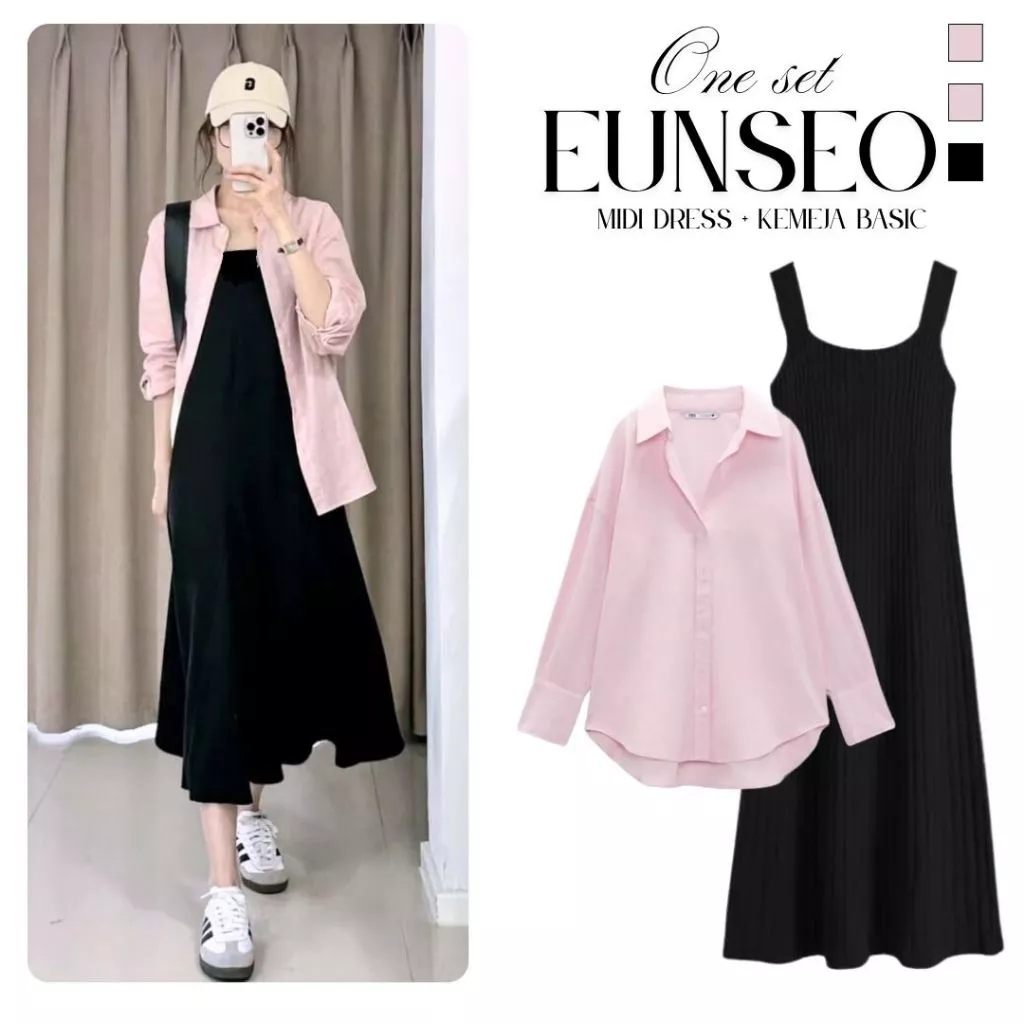 Eunseo Wanita Kekinian Kemeja Pink Midi Dress Hitam