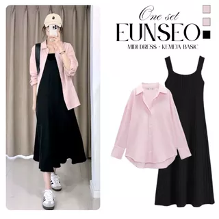 Eunseo Wanita Kekinian Kemeja Pink Midi Dress Hitam