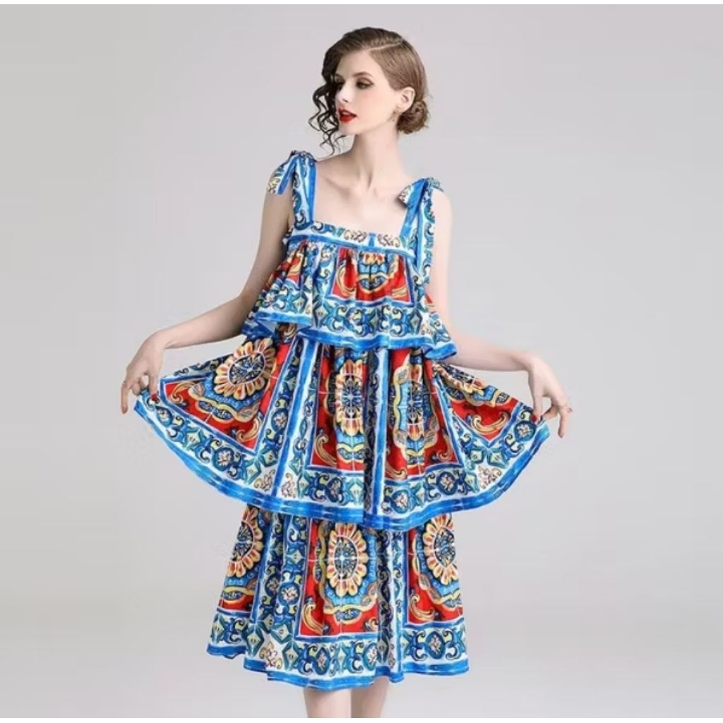 Jual Azzura Midi Dress | Gaun Midi Ruffle Etnik Warna Biru Merah ...