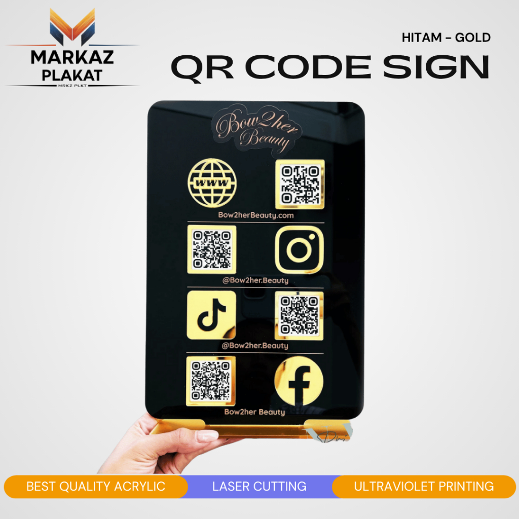 Jual Akrilik QR Code Sign HITAM GOLD - Social Media Business Sign ...