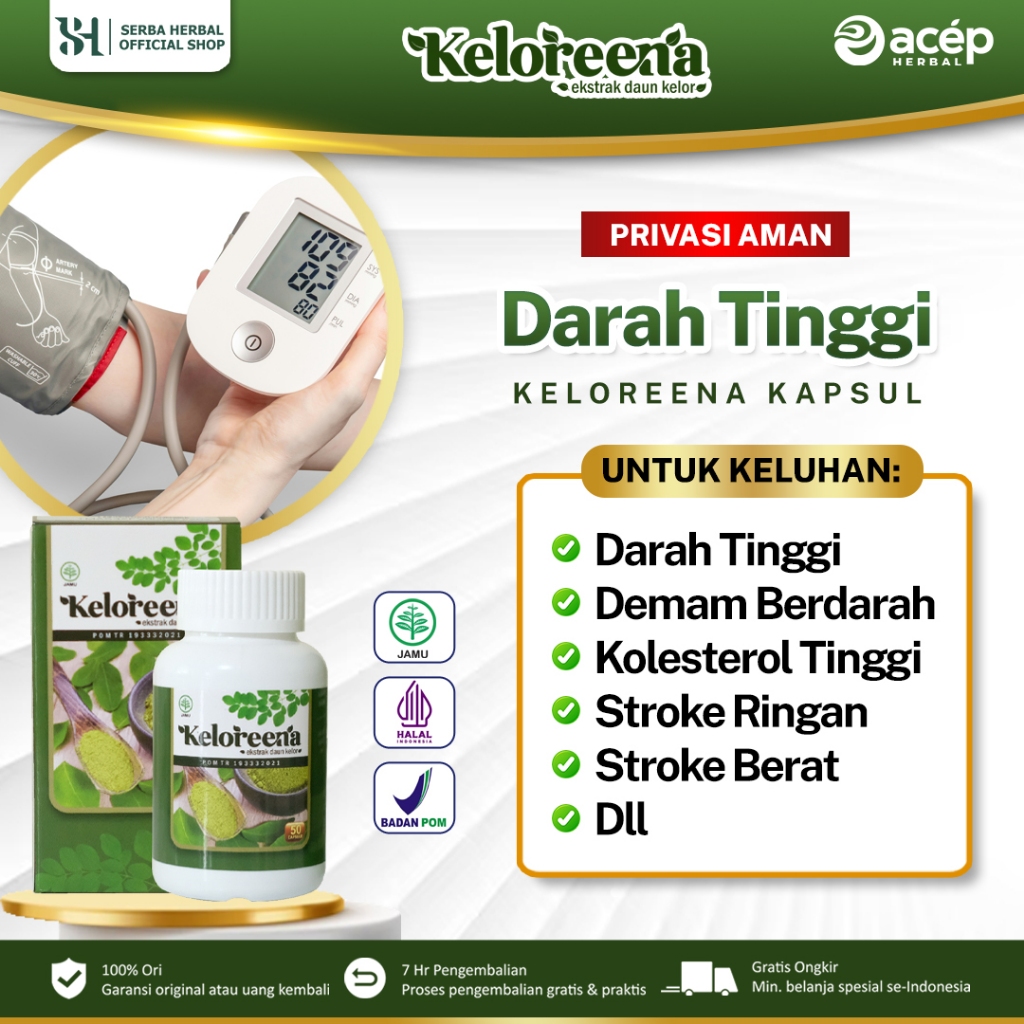 Obat Darah Tinggi Tipes  Demam Berdarah Demam Tinggi Kolesterol Tinggi Epilepsi Kejang Sakalor Penurunan Kesadaran Badan Kaku Stroke Ringan dan Berat Bells Palsy Keringat Berlebih Syaraf Otak Nyeri Otot - Keloreena 100% Ekstrak Daun Kelor ASLI