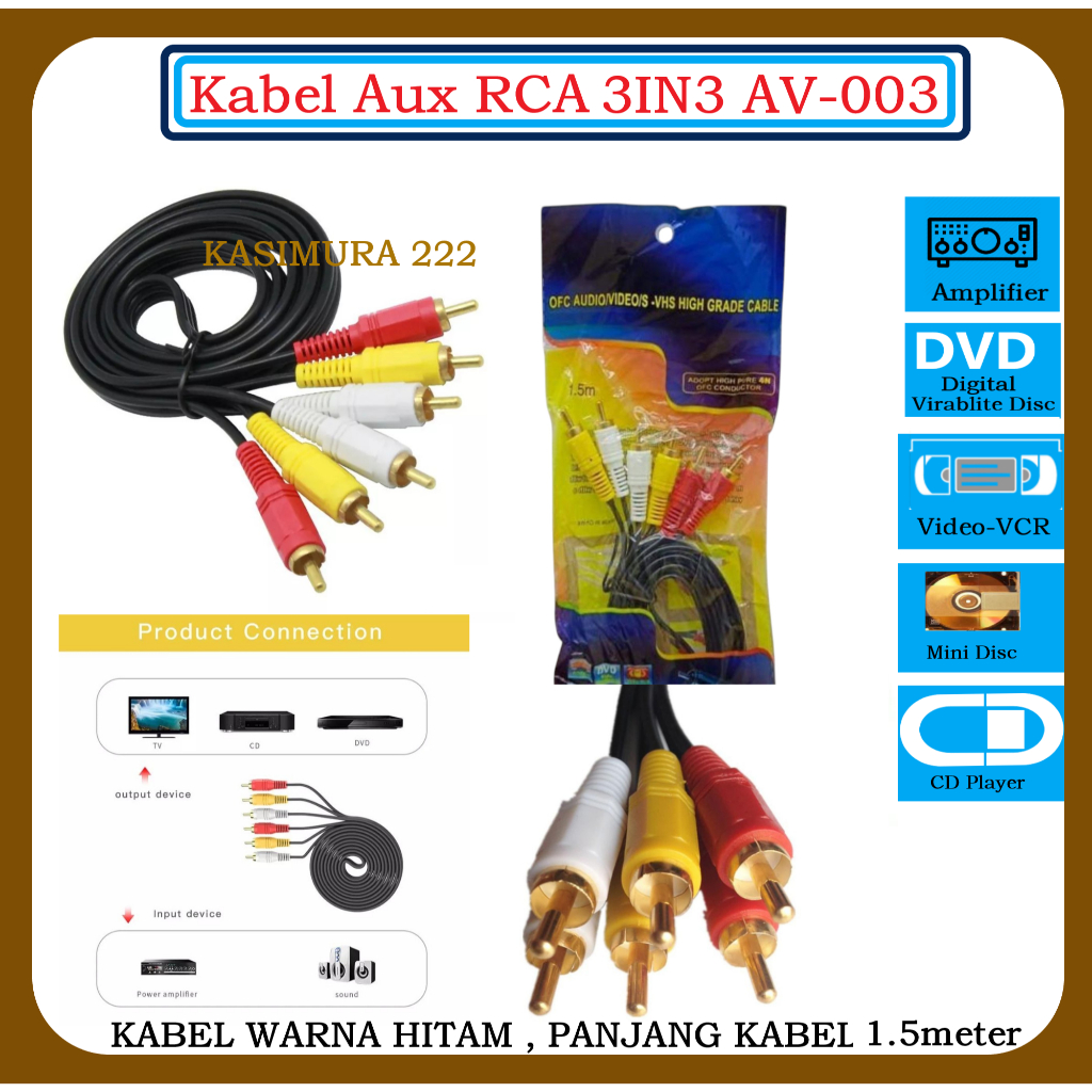 Kabel Aux 1,5m RCA 3in3 AV-003 Kabel Warna Hitam AV-005 Kabel Warna