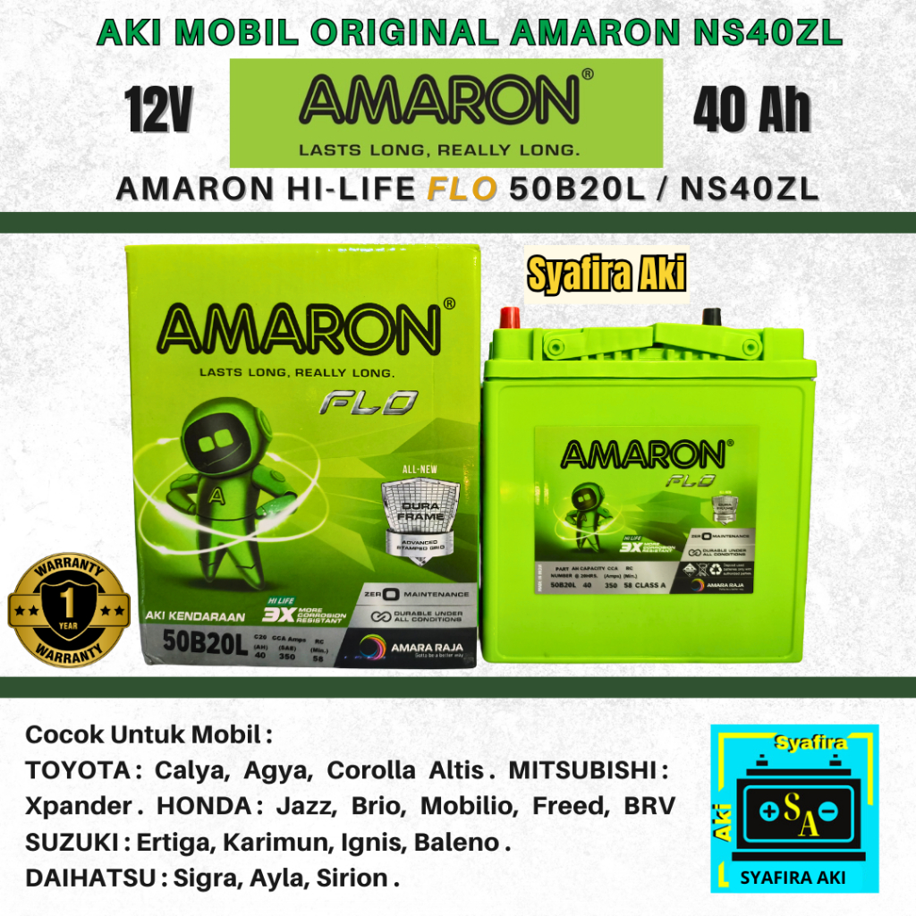 AKI MOBIL KARIMUN,HONDA JAZZ,BRV,BRIO,AYLA,AGYA,FREED Amaron Hi Life FLO NS40ZL 40Ah