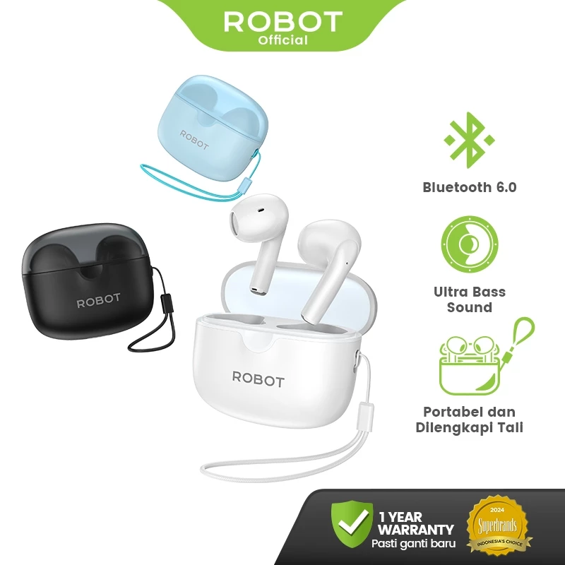 ROBOT TWS Wireless Earphone Bluetooth 6.0 Earphone Wireless Casing Transparan Ultra Bass Enco Buds 3 Original - Garansi 1 Tahun