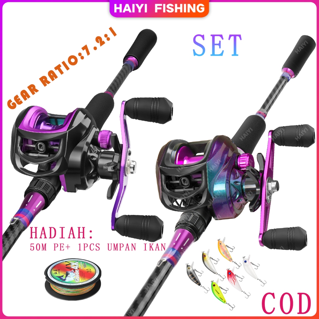 HAIYI FISHING Joran Pancing Set Pancingan Baru Warna Ungu - Rasio Kecepatan 7.21:1, Set Pancing Reel Baitcasting Jarak Jauh dengan Roda Logam, Hadiah Gratis Dibuatkan