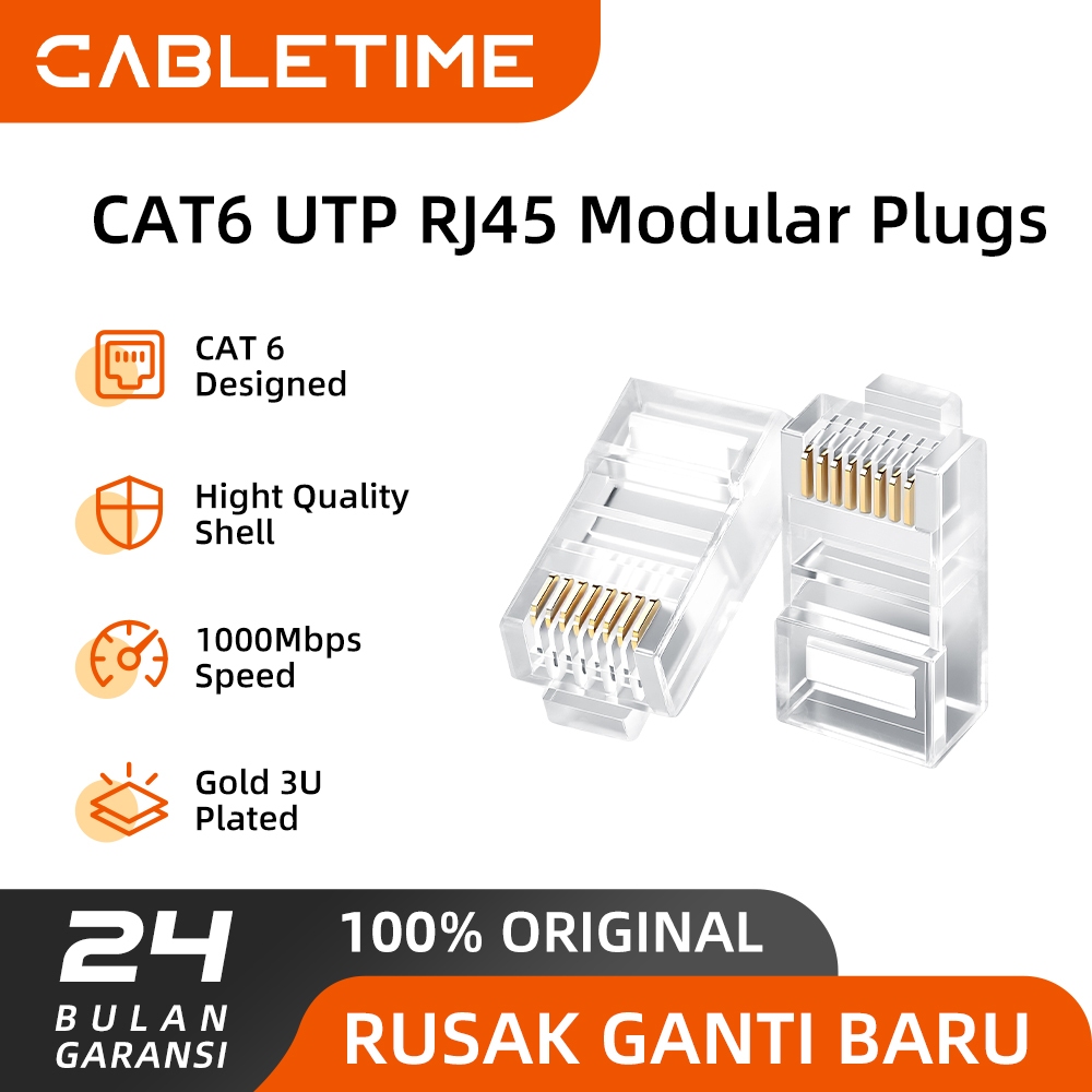 Jual CABLETIME Konektor RJ45 Cat 6 UTP Modular Ethernet Gigabit 50 100 ...