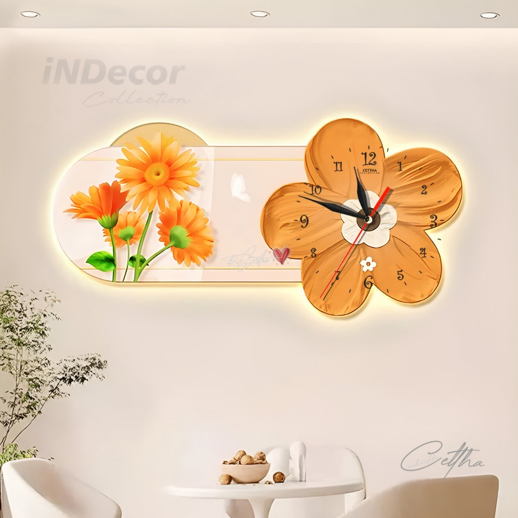 Jual Jam Dinding Aesthetic Bunga Boho Aestetik LED Hiasan Dinding 
