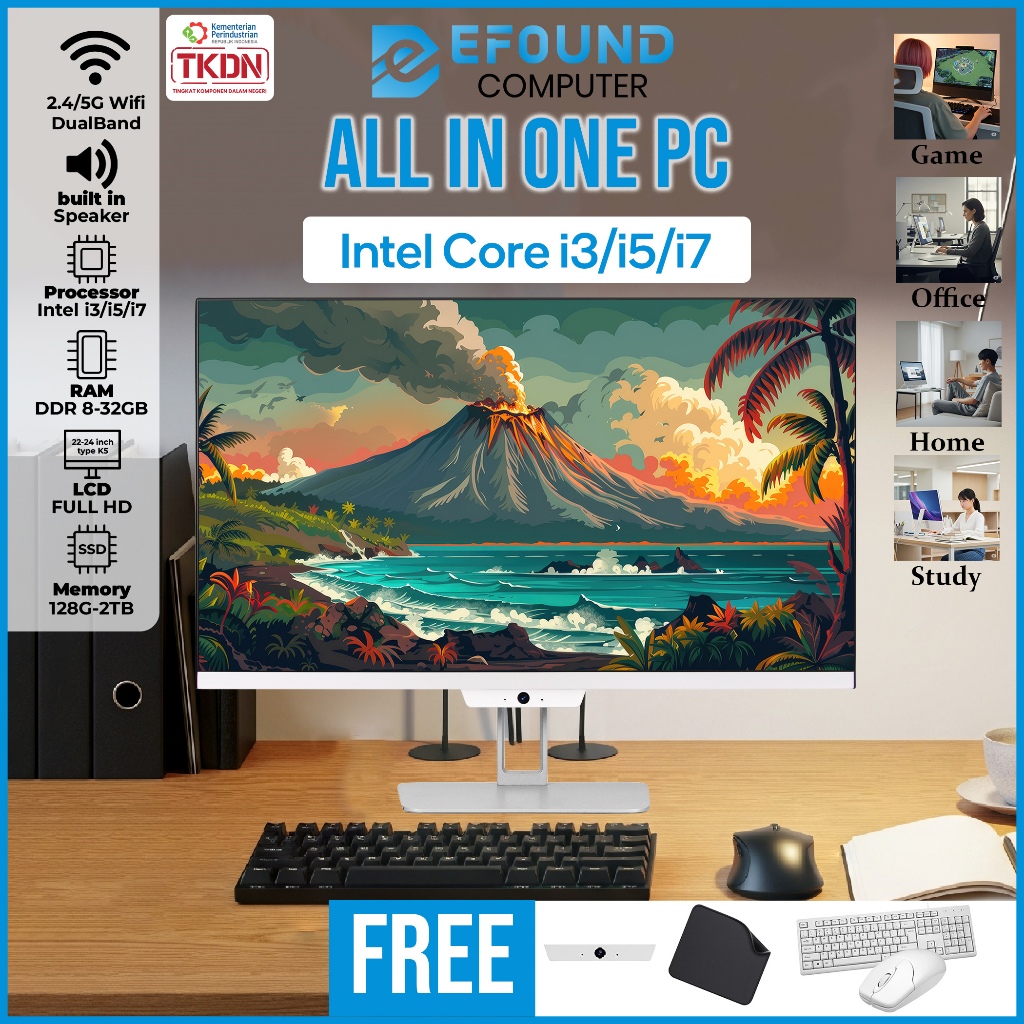 eFound PC All-in-One Intel Core i3/i5/i7 – Super Tipis, Full HD 24 inch K5, 16GB RAM, 2TB SSD Cocok untuk Rumah, Belajar, Kantor & Sekolah