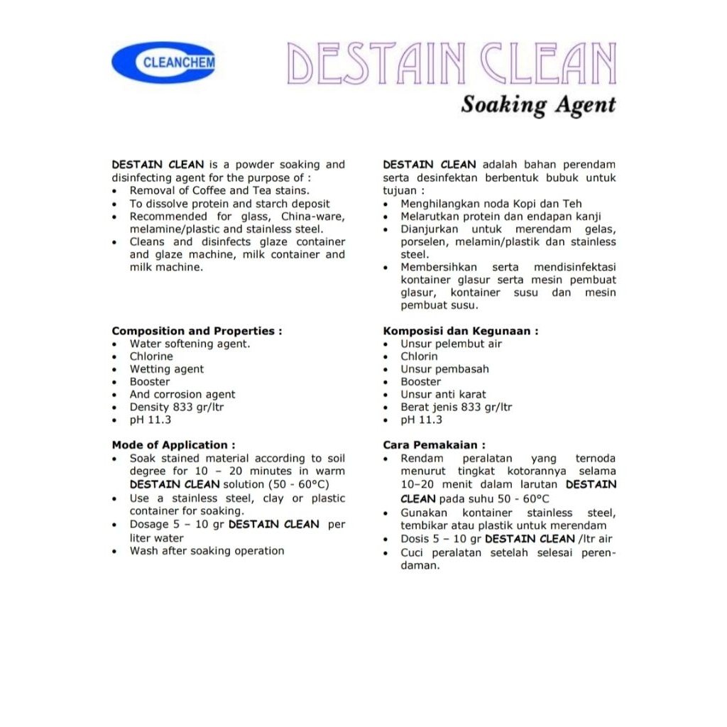 Jual Destain Clean -Soaking Agent, menghilangkan noda kopi dan teh 1kg ...