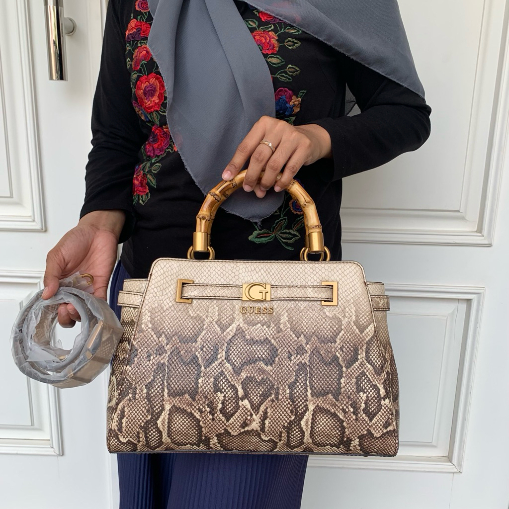 GUESS Sibel Bamboo Handle Satchel – Textured Faux-Lizard Embossing