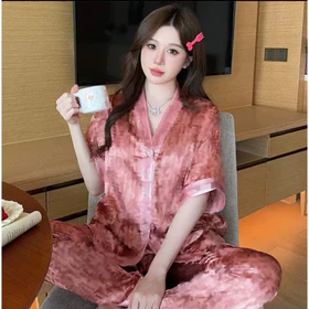 Setelan Baju Tidur Piyama Wanita Dewasa Satin Premium Lengan Pendek Celana Panjang 003