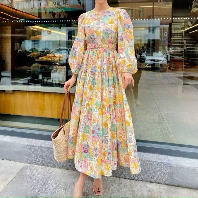 Jual D182 Long Dress Flowers A Line / lengan panjang motif bunga ...