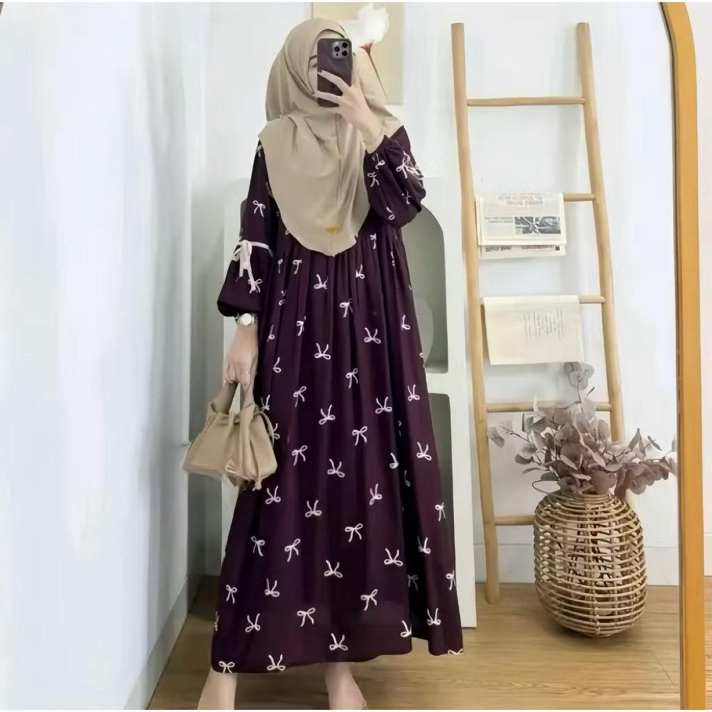 Dress anjani-gamis rayon motif viral -gamis pita jumbo