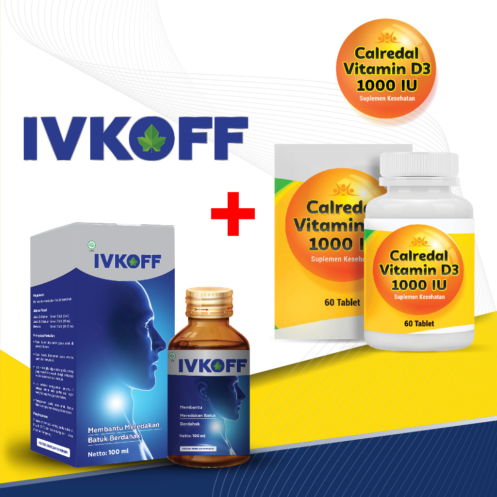 Indopharmacy - PAKET HEMAT Obat Batuk IVKOFF 120ml + CALREDAL D3 1000 IU 60 Tablet | Meredakan batuk berdahak, mengurangi gatal tenggorokan dan melegakan saluran pernafasan"