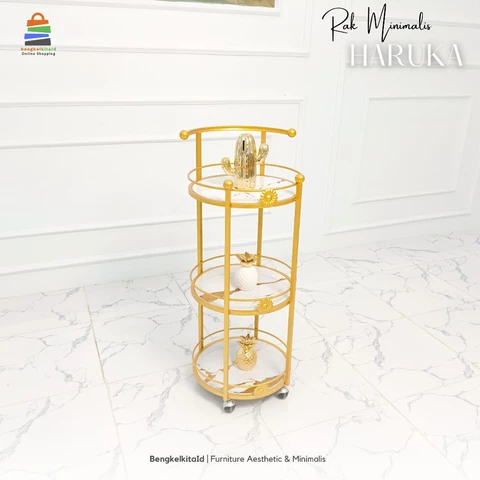 Aesthetic Serving Trolley Cart Rak Roda Susun 3 - RAK HARUKA - Modern Minimalist Besi Holo Gold