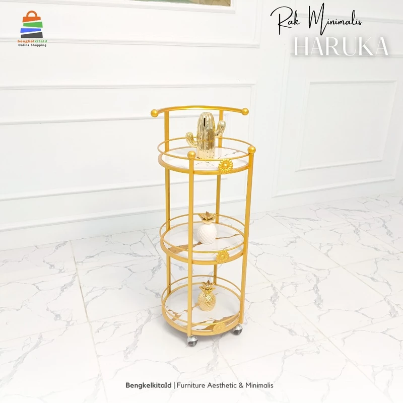 Aesthetic Serving Trolley Cart Rak Roda Susun 3 - RAK HARUKA - Modern Minimalist Besi Holo Gold