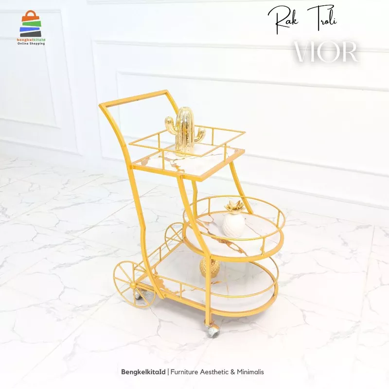 Rak Troli Aesthetic Rak Penyaji Makanan - RAK VIOR - Rak Hias Besi Holo Cat Duco Mewah