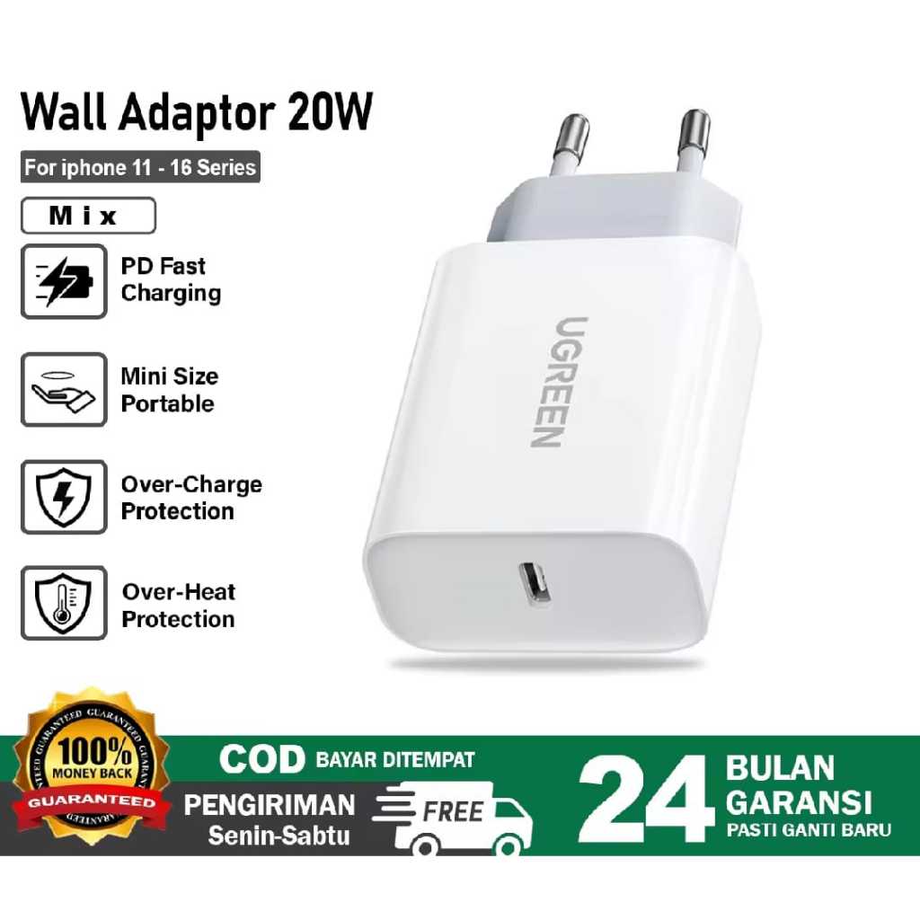 Jual UGREEN Adaptor iP 16 15 14 13 12 11 Type C PD Fast Charging 20W ...