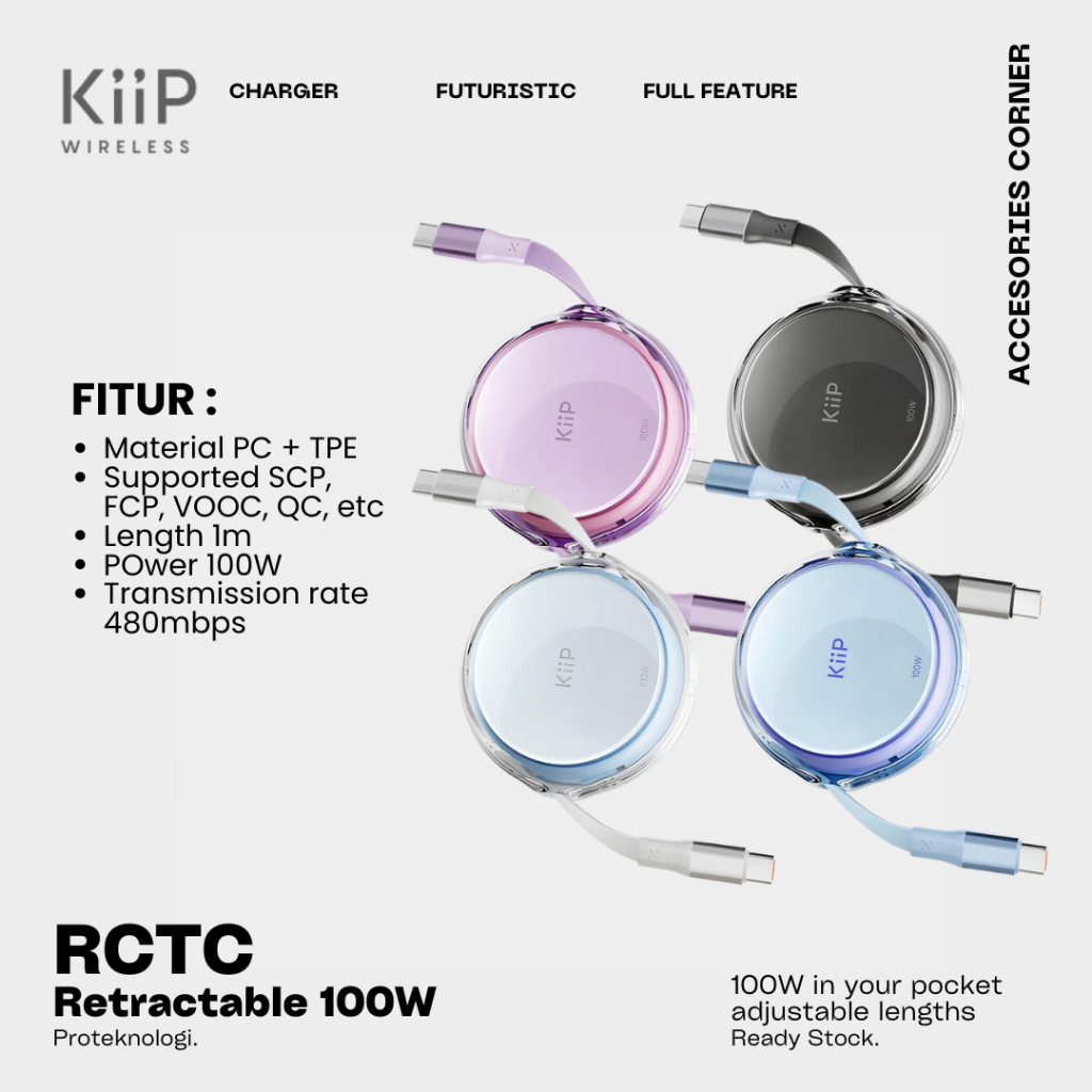 Jual KiiP RCTC Retractable Type C to Type C Fast Charging Cable Kabel ...