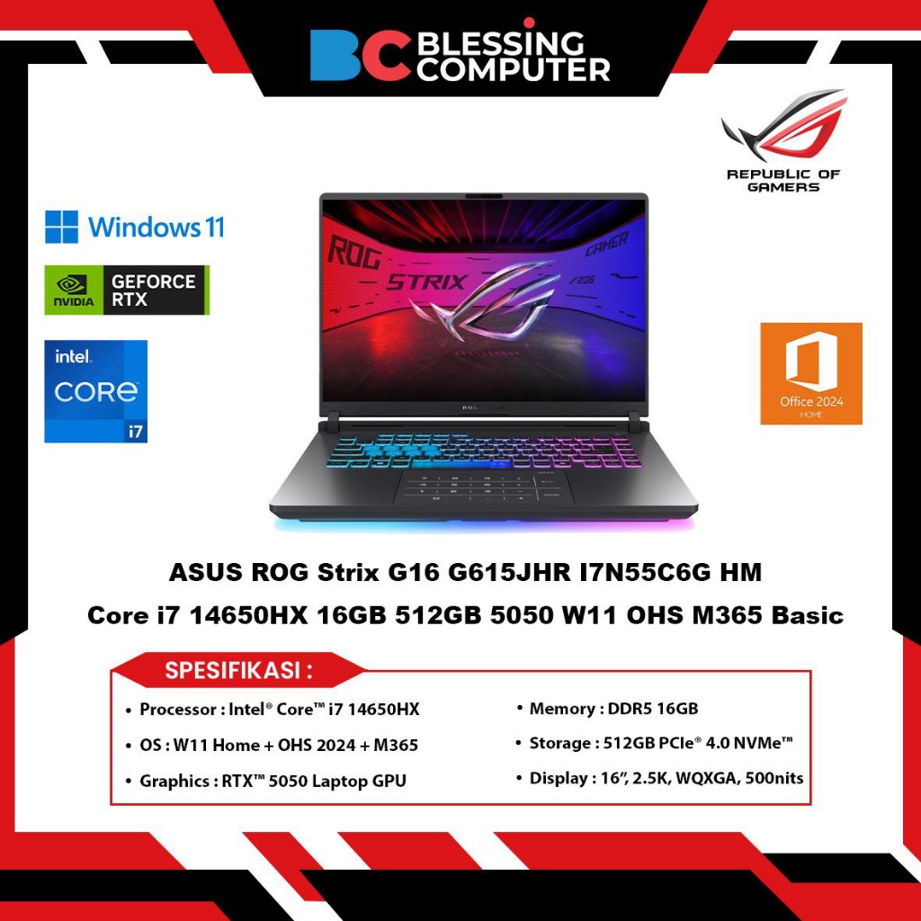 Jual ASUS ROG Strix G16 G615JHR GeForce RTX™ 5050 8GB - Core i7 14650HX ...