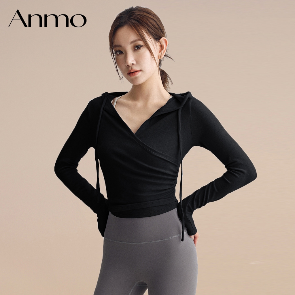 Jual ANMO-Baju olahraga wanita lengan panjang V-neck dengan hoodie ...