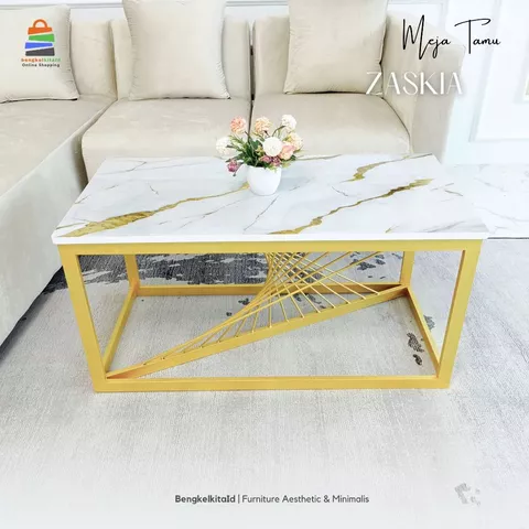Meja Tamu Aesthetic Meja Sofa Persegi Panjang - MEJA ZASKIA - 100x50 Besi Beton Cat Duco Mewah