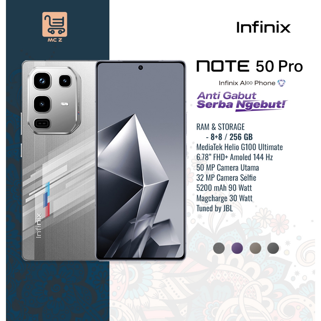 Official Infinix Note 50 Pro 8+8/256 GB - Mediatek Helio G100 - 6.78" FHD+ 144Hz - Frame Metal Allumunium Alloy - 5200 mAh - 90 Watt - Magpad 30 Watt - NFC