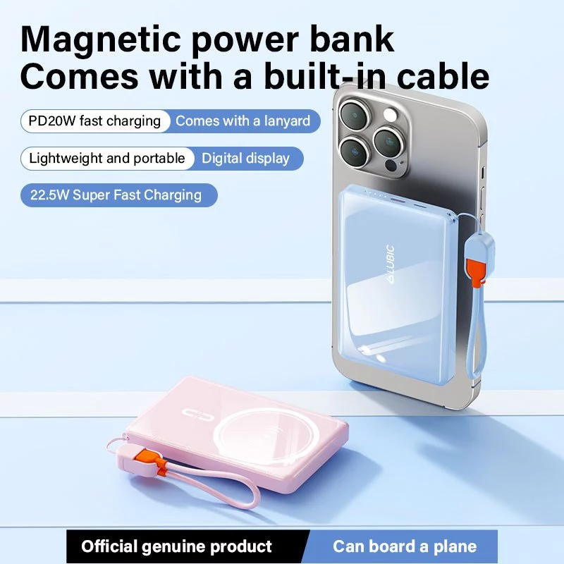 Lubic Mini Powerbank 10000mAh15W Wireless Charging Built Cable Type C Lightning Dual interface